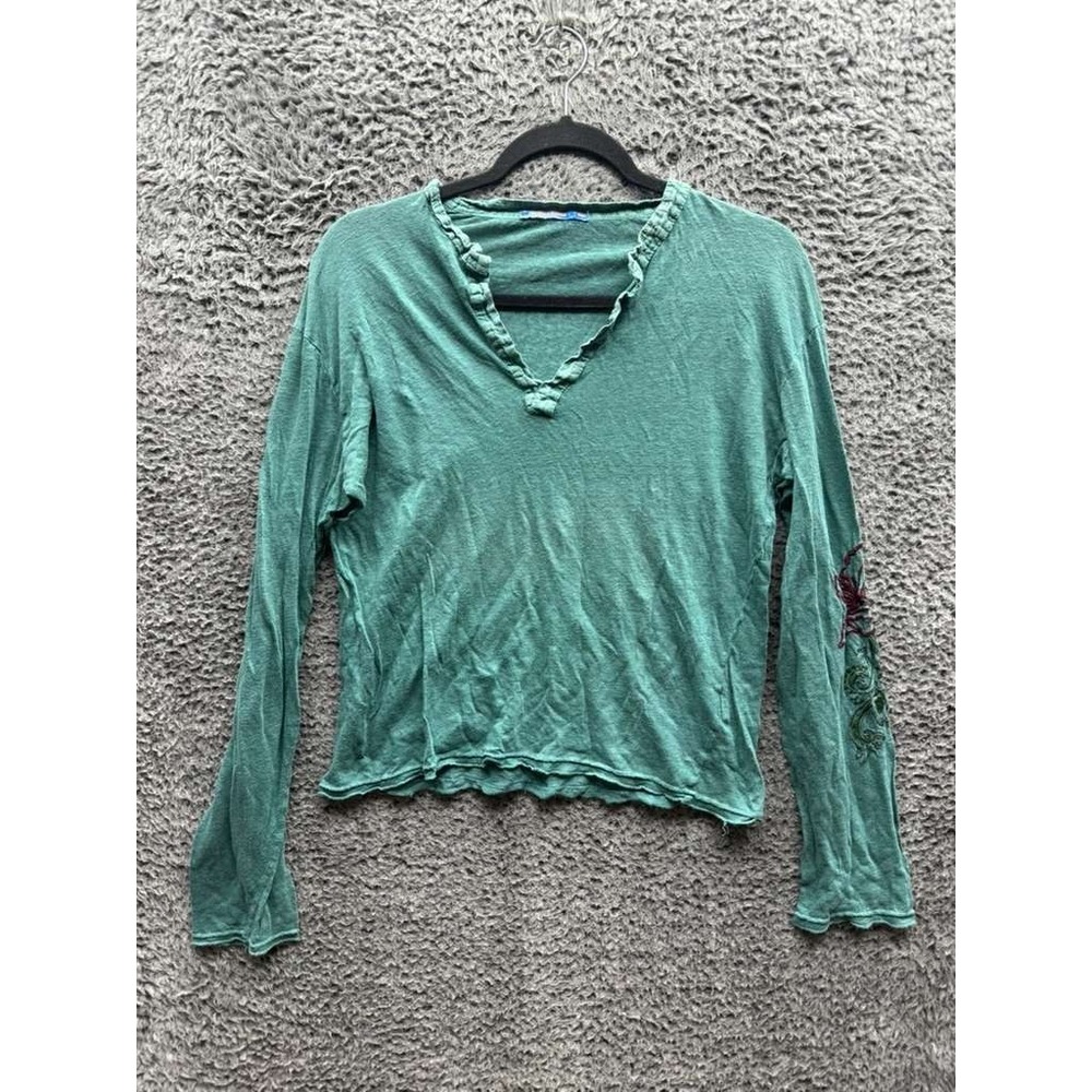 Daniele Fiesoli DF Linen Embroidered V-Neck Long Sleeve‎ Top Green Womens Size L